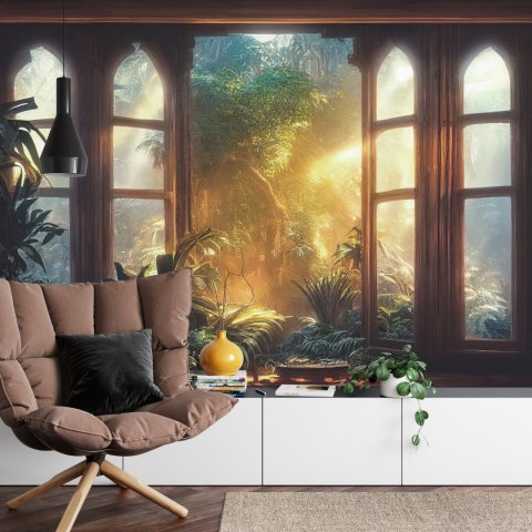 Fototapeta A Large Arch-Shaped Window, A Portal In The Dark Mystical Forest, The Sun's Rays Pass Through The Window And Tre