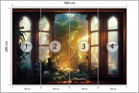 Fototapeta A Large Arch-Shaped Window, A Portal In The Dark Mystical Forest, The Sun's Rays Pass Through The Window And Tre