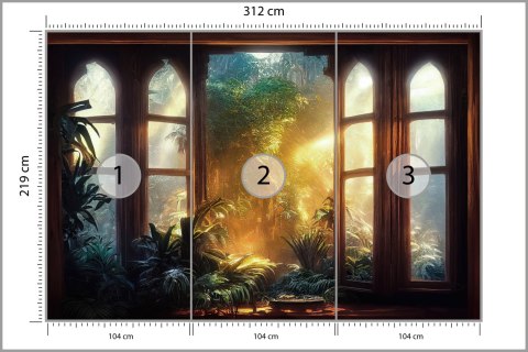 Fototapeta A Large Arch-Shaped Window, A Portal In The Dark Mystical Forest, The Sun's Rays Pass Through The Window And Tre