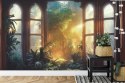 Fototapeta A Large Arch-Shaped Window, A Portal In The Dark Mystical Forest, The Sun's Rays Pass Through The Window And Tre