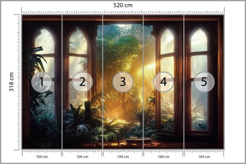 Fototapeta A Large Arch-Shaped Window, A Portal In The Dark Mystical Forest, The Sun's Rays Pass Through The Window And Tre