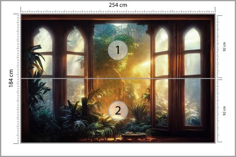 Fototapeta A Large Arch-Shaped Window, A Portal In The Dark Mystical Forest, The Sun's Rays Pass Through The Window And Tre