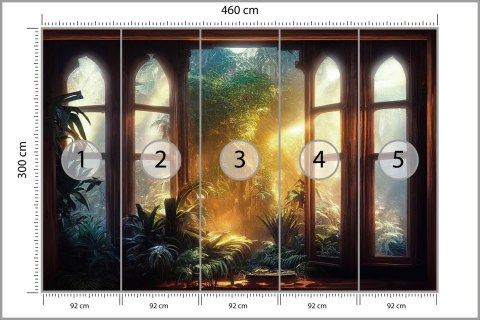 Fototapeta A Large Arch-Shaped Window, A Portal In The Dark Mystical Forest, The Sun's Rays Pass Through The Window And Tre