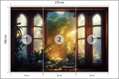 Fototapeta A Large Arch-Shaped Window, A Portal In The Dark Mystical Forest, The Sun's Rays Pass Through The Window And Tre