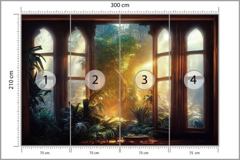 Fototapeta A Large Arch-Shaped Window, A Portal In The Dark Mystical Forest, The Sun's Rays Pass Through The Window And Tre