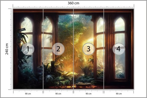 Fototapeta A Large Arch-Shaped Window, A Portal In The Dark Mystical Forest, The Sun's Rays Pass Through The Window And Tre