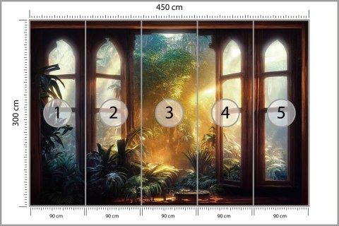 Fototapeta A Large Arch-Shaped Window, A Portal In The Dark Mystical Forest, The Sun's Rays Pass Through The Window And Tre