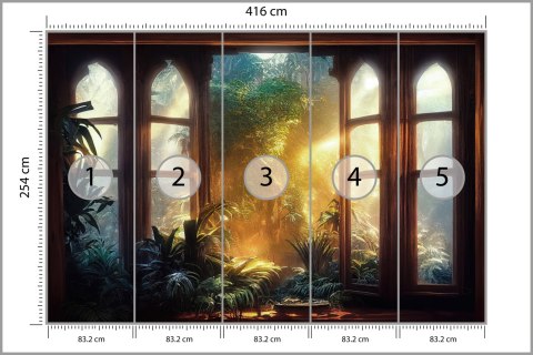 Fototapeta A Large Arch-Shaped Window, A Portal In The Dark Mystical Forest, The Sun's Rays Pass Through The Window And Tre