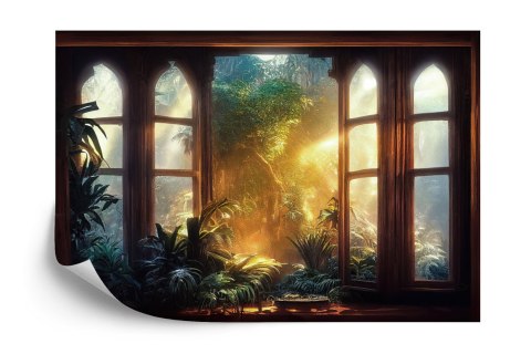 Fototapeta A Large Arch-Shaped Window, A Portal In The Dark Mystical Forest, The Sun&#039;s Rays Pass Through The Window And Tre