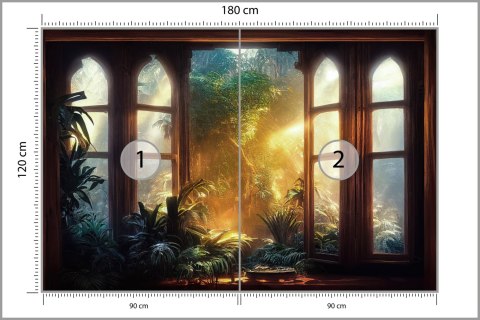 Fototapeta A Large Arch-Shaped Window, A Portal In The Dark Mystical Forest, The Sun's Rays Pass Through The Window And Tre