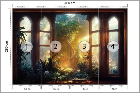 Fototapeta A Large Arch-Shaped Window, A Portal In The Dark Mystical Forest, The Sun's Rays Pass Through The Window And Tre