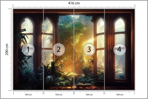 Fototapeta A Large Arch-Shaped Window, A Portal In The Dark Mystical Forest, The Sun's Rays Pass Through The Window And Tre