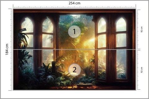 Fototapeta A Large Arch-Shaped Window, A Portal In The Dark Mystical Forest, The Sun's Rays Pass Through The Window And Tre