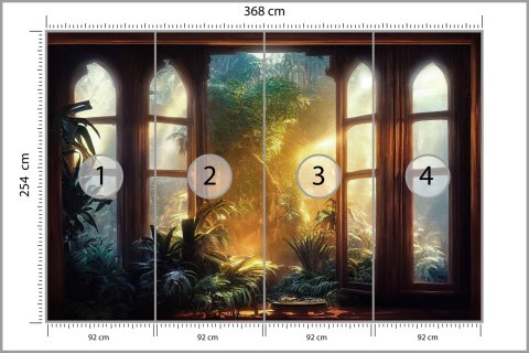 Fototapeta A Large Arch-Shaped Window, A Portal In The Dark Mystical Forest, The Sun's Rays Pass Through The Window And Tre