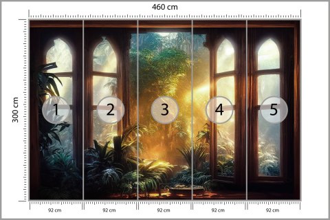 Fototapeta A Large Arch-Shaped Window, A Portal In The Dark Mystical Forest, The Sun's Rays Pass Through The Window And Tre