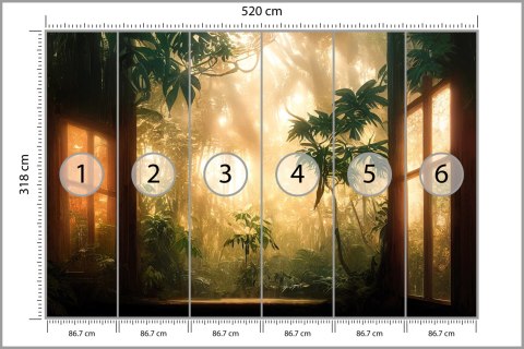 Fototapeta A Large Arch-Shaped Window, A Portal In The Dark Mystical Forest, The Sun's Rays Pass Through The Window And Tre