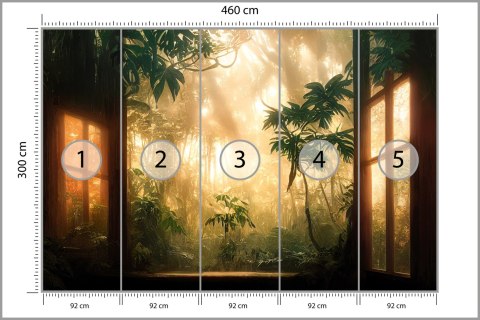 Fototapeta A Large Arch-Shaped Window, A Portal In The Dark Mystical Forest, The Sun's Rays Pass Through The Window And Tre