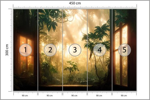 Fototapeta A Large Arch-Shaped Window, A Portal In The Dark Mystical Forest, The Sun's Rays Pass Through The Window And Tre