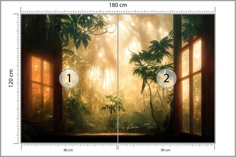 Fototapeta A Large Arch-Shaped Window, A Portal In The Dark Mystical Forest, The Sun's Rays Pass Through The Window And Tre