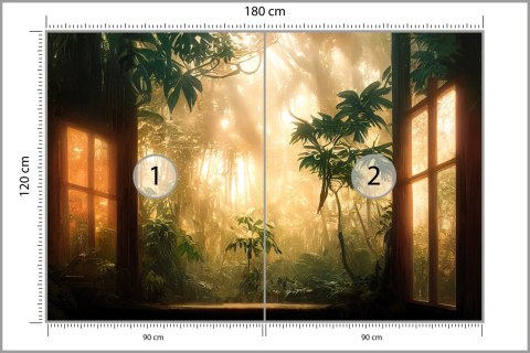 Fototapeta A Large Arch-Shaped Window, A Portal In The Dark Mystical Forest, The Sun's Rays Pass Through The Window And Tre