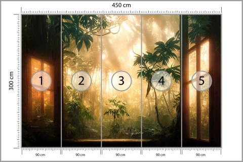 Fototapeta A Large Arch-Shaped Window, A Portal In The Dark Mystical Forest, The Sun's Rays Pass Through The Window And Tre