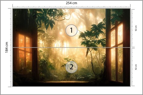 Fototapeta A Large Arch-Shaped Window, A Portal In The Dark Mystical Forest, The Sun's Rays Pass Through The Window And Tre