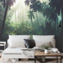 Fototapeta Dark Rainforest, Sun Rays Through The Trees, Rich Jungle Greenery. Atmospheric Fantasy Forest. 3D . Flizelina 254x184