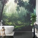 Fototapeta Dark Rainforest, Sun Rays Through The Trees, Rich Jungle Greenery. Atmospheric Fantasy Forest. 3D . Flizelina 254x184