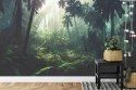 Fototapeta Dark Rainforest, Sun Rays Through The Trees, Rich Jungle Greenery. Atmospheric Fantasy Forest. 3D . Flizelina 300x210