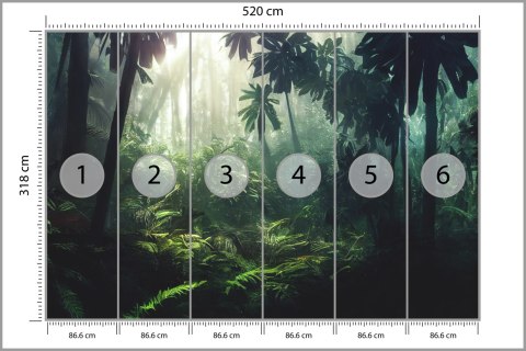 Fototapeta Dark Rainforest, Sun Rays Through The Trees, Rich Jungle Greenery. Atmospheric Fantasy Forest. 3D . Vinyl Gładki 520x