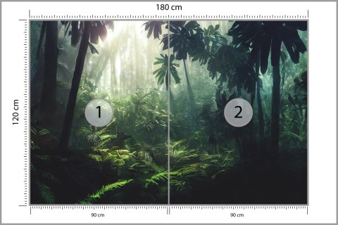 Fototapeta Dark Rainforest, Sun Rays Through The Trees, Rich Jungle Greenery. Atmospheric Fantasy Forest. 3D . Vinyl Strukturaln