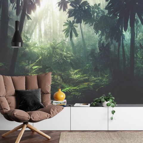 Fototapeta Dark Rainforest, Sun Rays Through The Trees, Rich Jungle Greenery. Atmospheric Fantasy Forest. 3D . Vinyl Gładki 460x