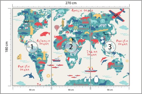 Fototapeta Map Of The World Wallpaper Design For Children's Room. Cute Design, Animals And Builds, Culture, Mural Art. Fliz