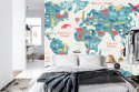 Fototapeta Map Of The World Wallpaper Design For Children's Room. Cute Design, Animals And Builds, Culture, Mural Art. Fliz