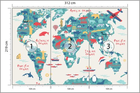 Fototapeta Map Of The World Wallpaper Design For Children's Room. Cute Design, Animals And Builds, Culture, Mural Art. Fliz