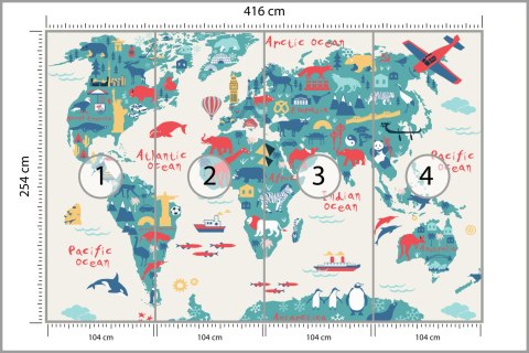 Fototapeta Map Of The World Wallpaper Design For Children's Room. Cute Design, Animals And Builds, Culture, Mural Art. Fliz