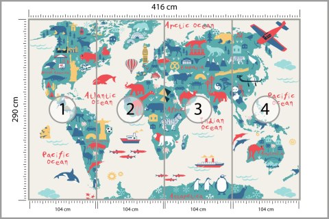 Fototapeta Map Of The World Wallpaper Design For Children's Room. Cute Design, Animals And Builds, Culture, Mural Art. Fliz