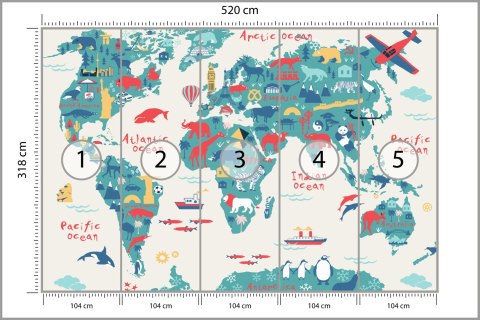 Fototapeta Map Of The World Wallpaper Design For Children's Room. Cute Design, Animals And Builds, Culture, Mural Art. Fliz