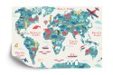 Fototapeta Map Of The World Wallpaper Design For Children's Room. Cute Design, Animals And Builds, Culture, Mural Art. Fliz