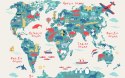 Fototapeta Map Of The World Wallpaper Design For Children's Room. Cute Design, Animals And Builds, Culture, Mural Art. Fliz