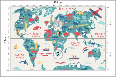 Fototapeta Map Of The World Wallpaper Design For Children's Room. Cute Design, Animals And Builds, Culture, Mural Art. Fliz