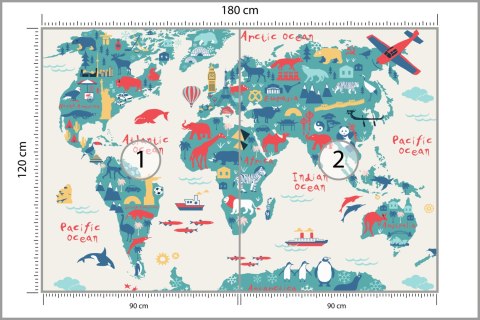 Fototapeta Map Of The World Wallpaper Design For Children's Room. Cute Design, Animals And Builds, Culture, Mural Art. Tape