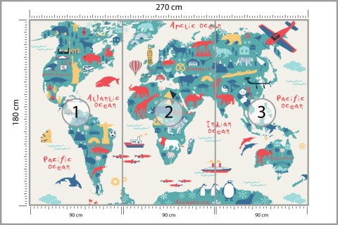Fototapeta Map Of The World Wallpaper Design For Children's Room. Cute Design, Animals And Builds, Culture, Mural Art. Tape