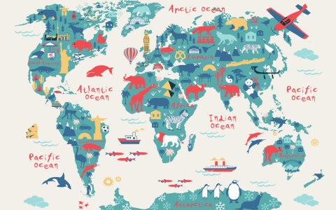 Fototapeta Map Of The World Wallpaper Design For Children's Room. Cute Design, Animals And Builds, Culture, Mural Art. Tape