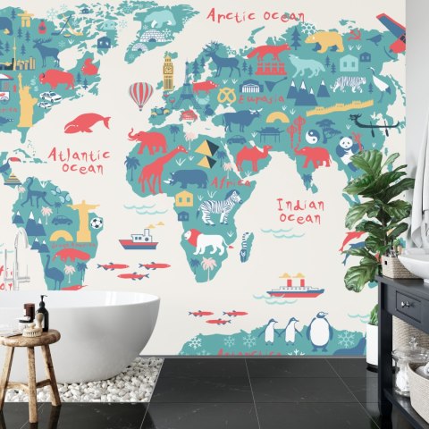Fototapeta Map Of The World Wallpaper Design For Children's Room. Cute Design, Animals And Builds, Culture, Mural Art. Tape