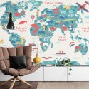 Fototapeta Map Of The World Wallpaper Design For Children's Room. Cute Design, Animals And Builds, Culture, Mural Art. Tape