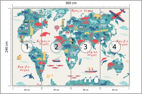 Fototapeta Map Of The World Wallpaper Design For Children's Room. Cute Design, Animals And Builds, Culture, Mural Art. Tape