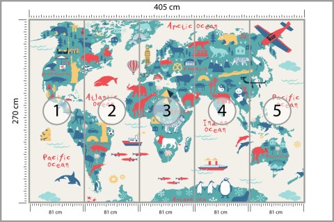 Fototapeta Map Of The World Wallpaper Design For Children's Room. Cute Design, Animals And Builds, Culture, Mural Art. Tape