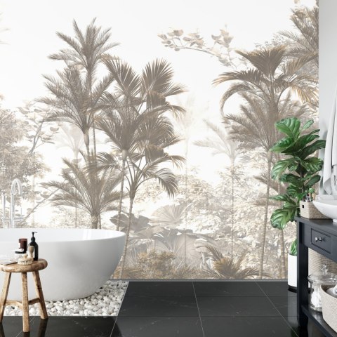 Fototapeta Tropical Trees And Leaves Wallpaper Design In Foggy Forest - 3D Flizelina 416x254 FT-448526-VEXXXL