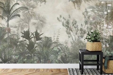 Fototapeta Tropical Trees And Leaves Wallpaper Design In Foggy Forest - 3D Flizelina Zmywalna 315x210 FT-448525-VEML315-210